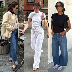 fashion collage of style influencers Jessica Skye, Mimi Nguyen, and Marilyn Nwawulor-Kazemaks wearing denim outfits with tees, a barn coat, and trending shoes like brown suede sneakers, strappy kitten heel sandals, and mesh flats
