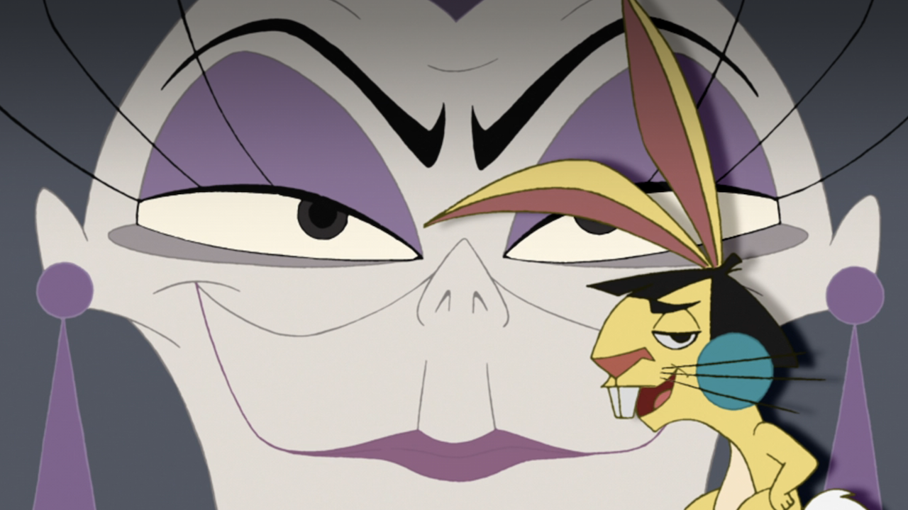 Kuzco as a rabbit with Yzma smiling in the background in Emperor's New School TV show