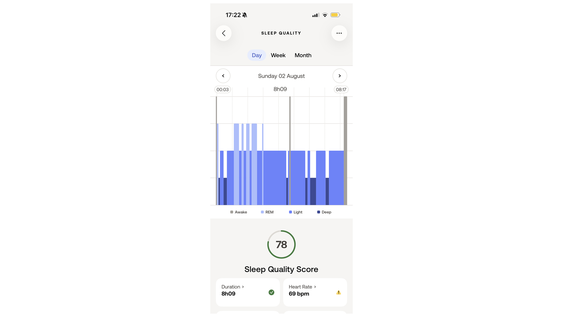 A screenshot of the Withings Health app showing a sleep score of 78