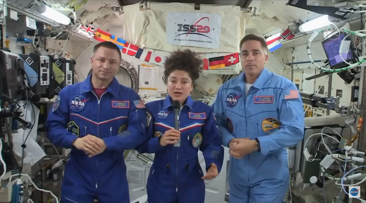 From left to right, NASA astronauts Andrew Morgan, Jessica Meir and Chris Cassidy answer questions from the media on April 10. 