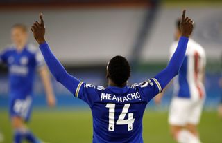 Leicester City’s Kelechi Iheanacho celebrates at the final whistle during the Premier League match at the King Power Stadium, Leicester. Picture date: Monday April 26, 2021