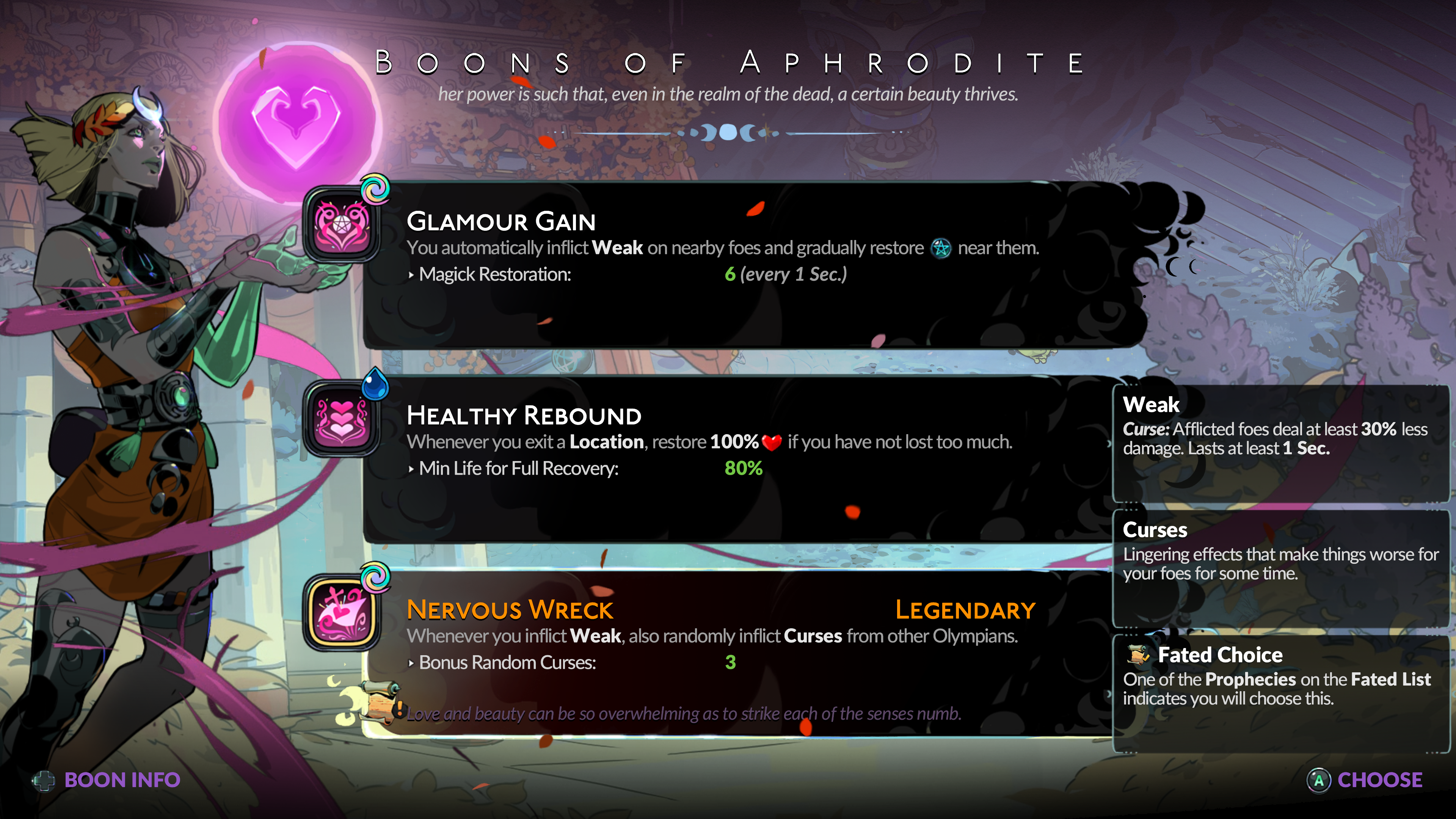 A screenshot of Hades 2. A screen showing different boons of Aphrodite to choose from. Art of Melinoe holding a pink orb with the goddess of love's heart symbol sits on the left side of the screen.