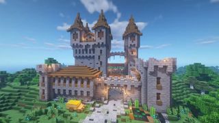 Minecraft castle ideas - a stone castle with wood roofs in Minecraft