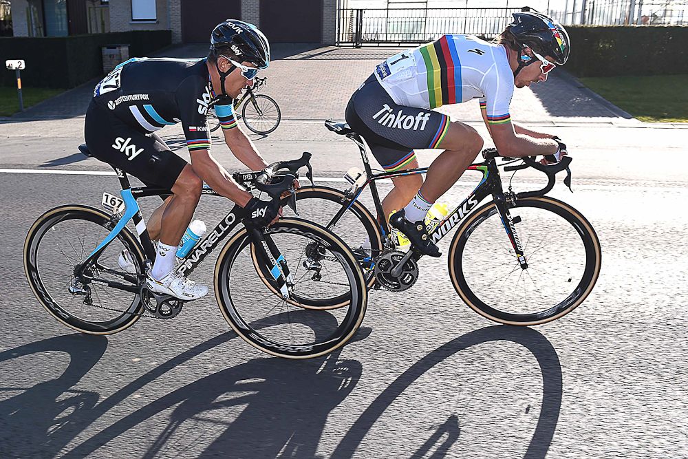 Peter Sagan (Tinkoff) and Michal Kwiatkowski (Team Sky) power toward the finish of E3 Harelbeke