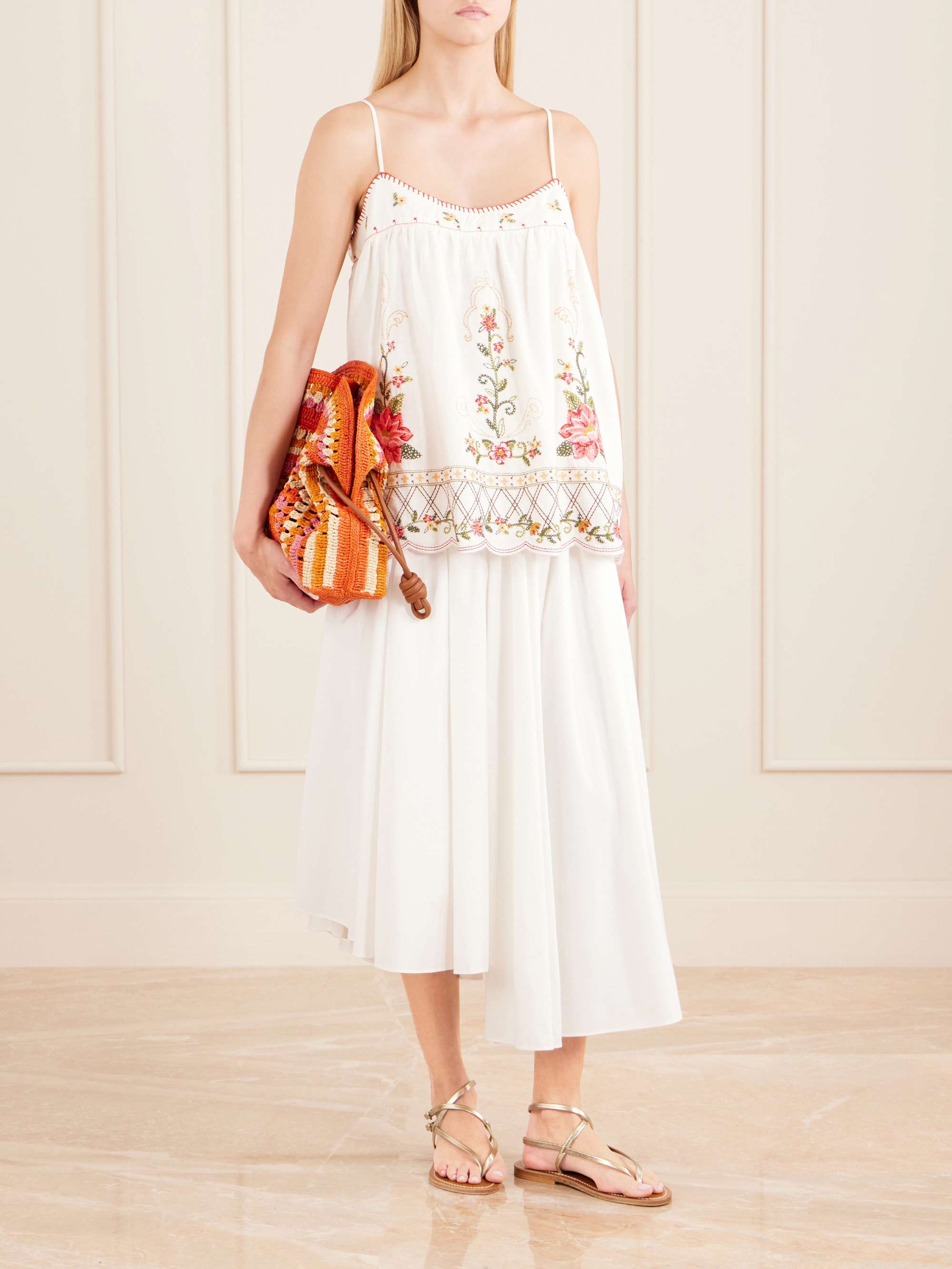 Floral-Embroidered Linen-Blend Cami