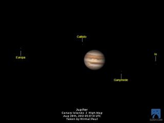 Jupiter and Four Moons by Slooh Space Camera