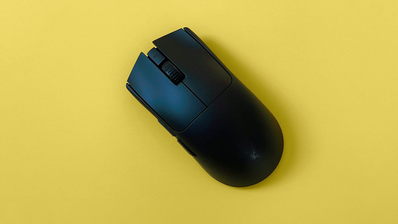 The Razer Viper V3 Pro mouse against a yellow background.