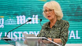 Camilla, Duchess of Cornwall makes a speech at the opening of the Daily Mail Chalke Valley History Festival on June 20, 2022