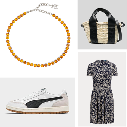 product collage of amina muaddi anklet, puma sneakers, ralph lauren floral dress, chloe purse