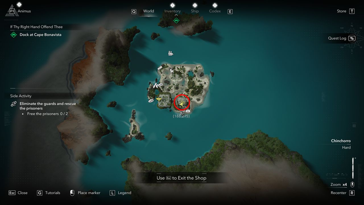 Black Flag treasure maps: A screenshot of the map with a red circle showing the location of the buried chest for the Santanillas (Digested) treasure map.