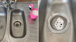 Stainless steel double kitchen sink with a flamingo measuring cup filled with baking soda to show how to clean kitchen sink drains without chemicals