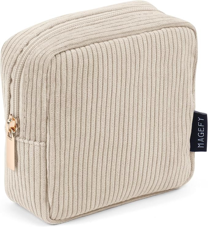 MAGEFY, Magefy Small Makeup Bag for Purse Mini Cosmetics Bag Corduroy Cute Cosmetic Pouch for Women With Slip-In Pockets (beige)