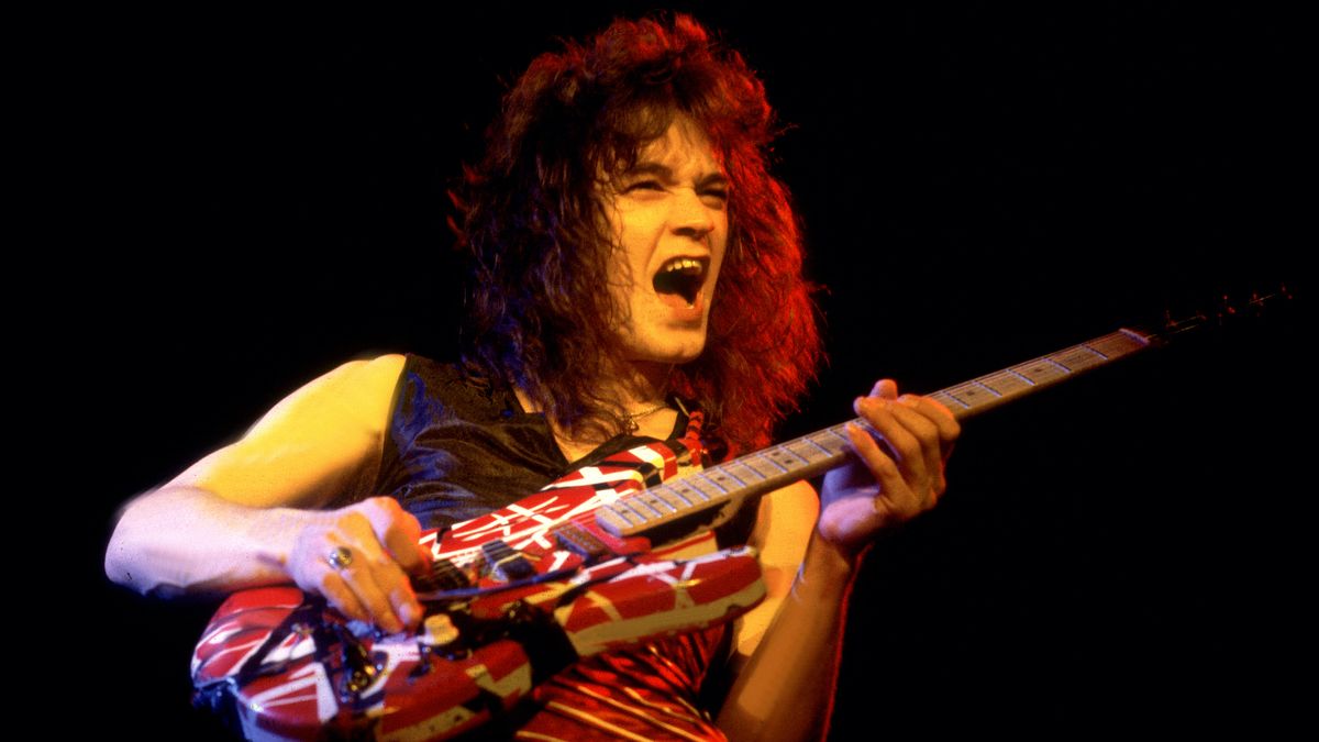 Dutch-born American Rock musician Eddie Van Halen (1955 - 2020), of the group Van Halen, performs onstage at the Aragon Ballroom, Chicago, Illinois, April 26, 1979.