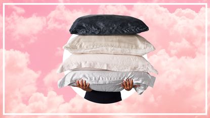 Best silk pillowcase in stack giving on cloud background