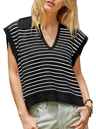 Yousify, Yousify Sweaters for Women Color Block Lapel Collar Polo Sweater Vests V Neck Sleeveless Pullover Black Xl