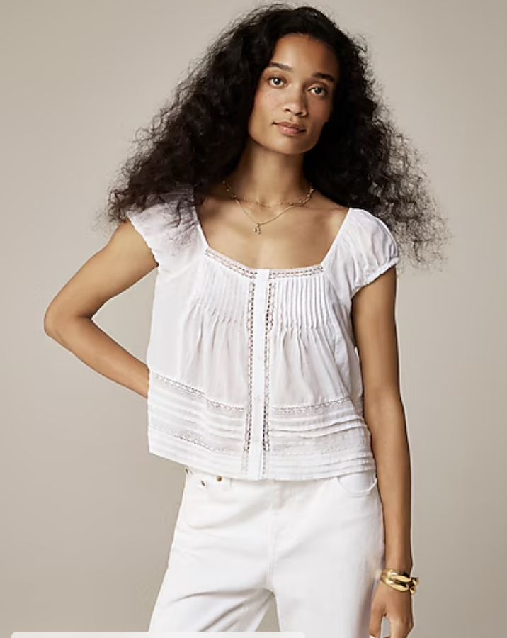 Cap-Sleeve Lace-Trim Top in Cotton Voile