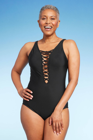 lace up black one piece swimsuit with a low back