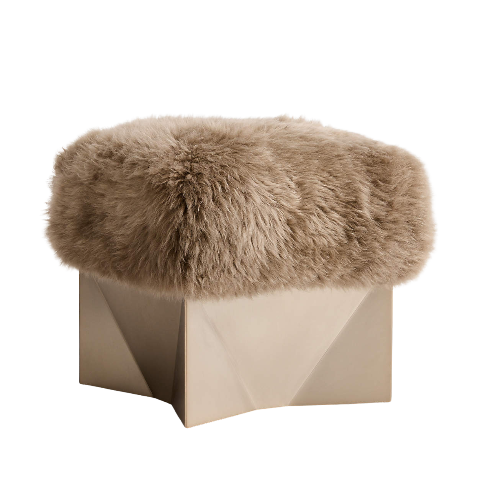 an ottoman with a metal base and a furry surface