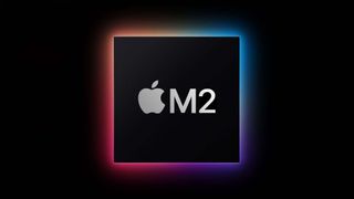 Ein schwarzes Quadrat, umringt von Regenbogenlicht und dem Apple M2 Logo in der Mitte