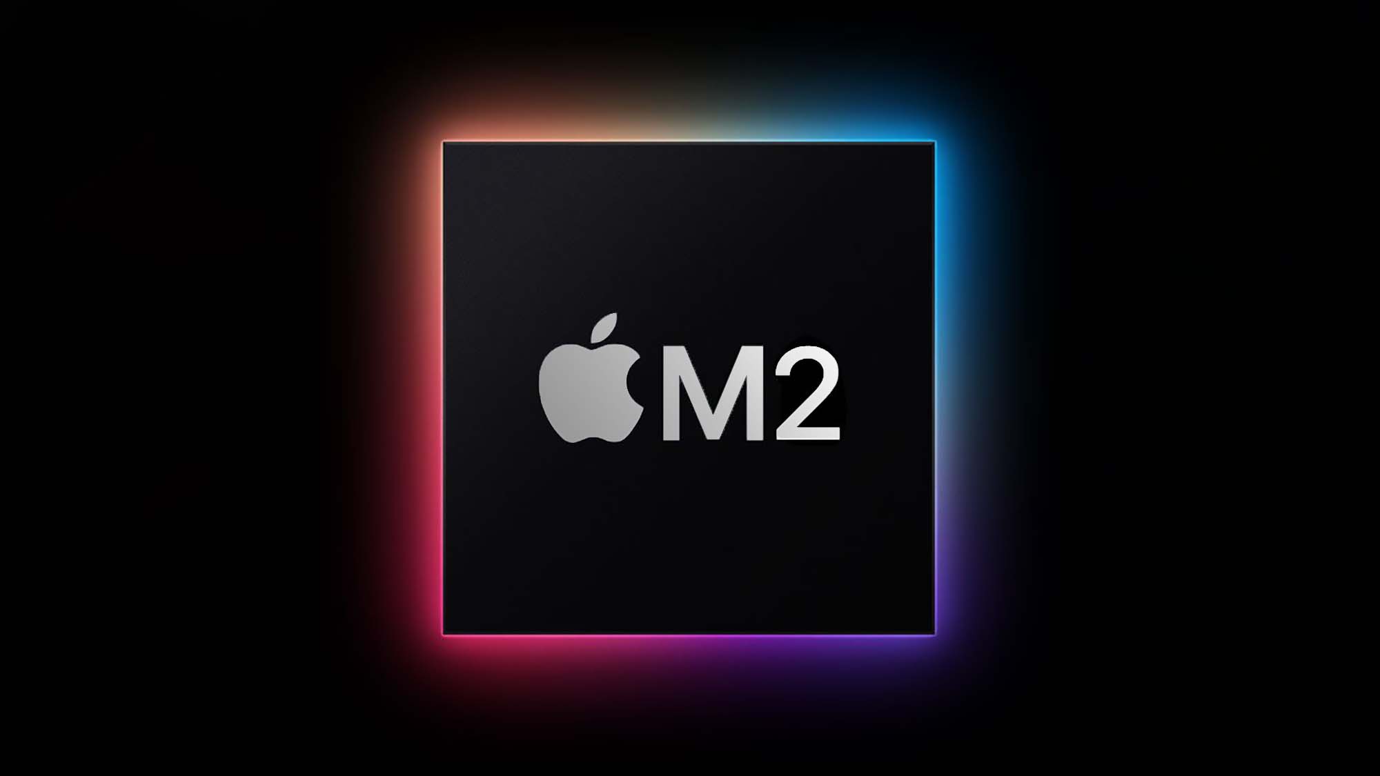  Черный квадрат, окруженный радужным светом, с логотипом Apple и M2 в центре
