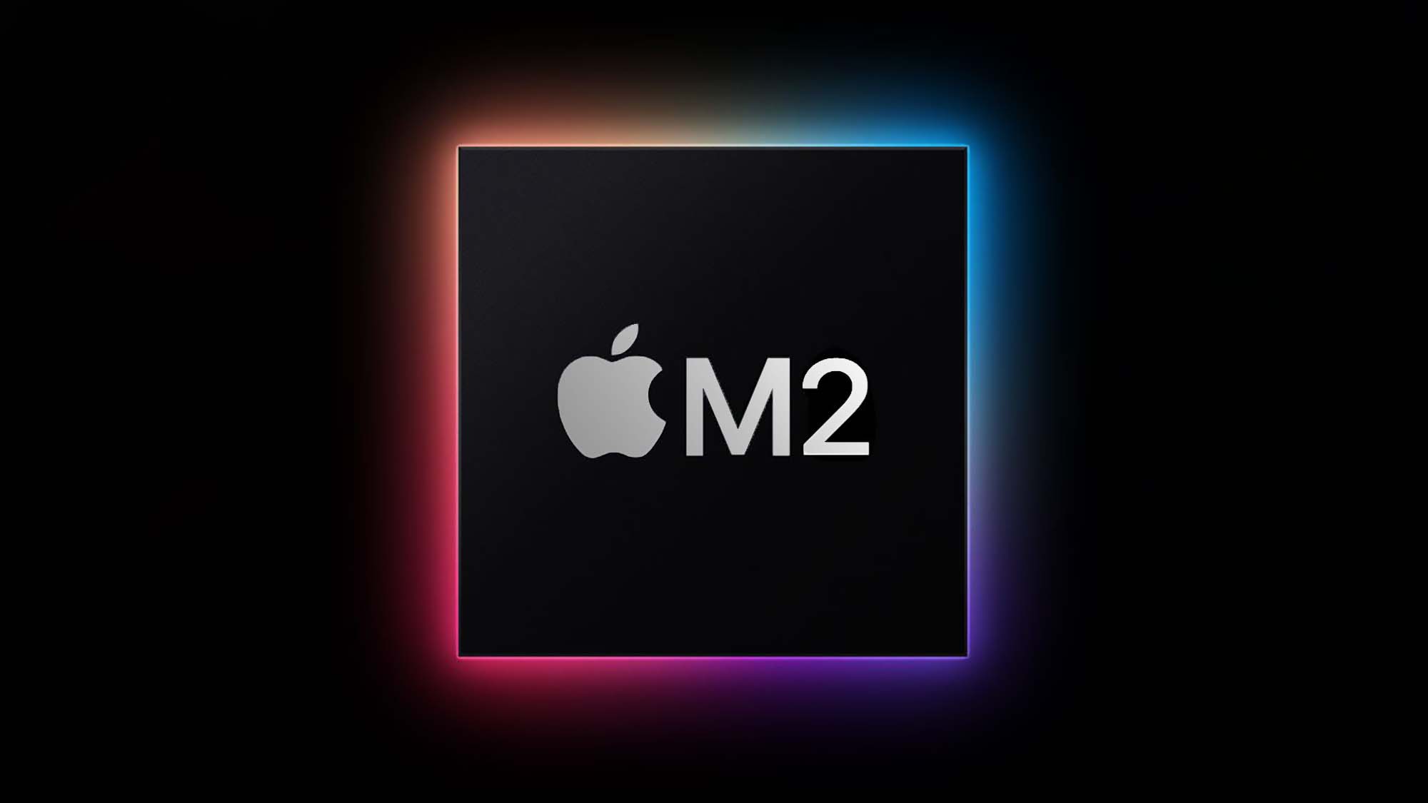 A black square ringed by rainbow light and the Apple logo and M2 in the center