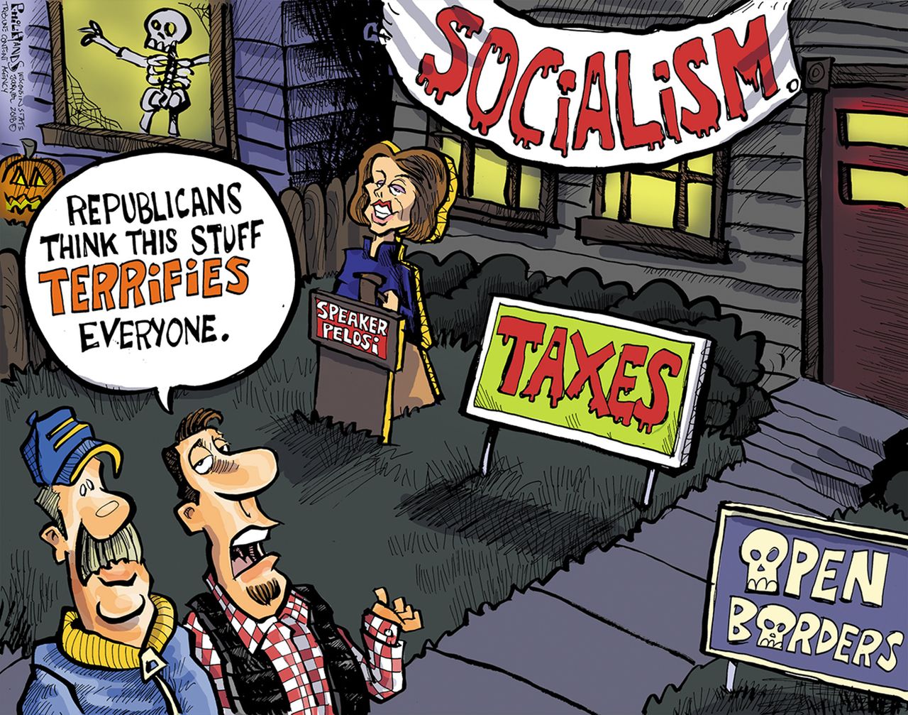 Political cartoon U.S. Republicans taxes socialism open borders Nancy Pelosi Halloween