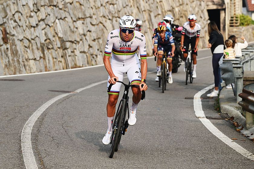 BERGAMO, ITALY - OCTOBER 11: Tadej Pogacar of Slovenia and Team UAE Team Emirates attacks in the chase group during the 119th Il Lombardia 2025 a 241km one day race from Como to Bergamo on October 11, 2025 in Bergamo, Italy. (Photo by Dario Belingheri/Getty Images)