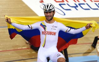 Fernando Gaviria (Colombia) celebrates his narrow victory in the omnium