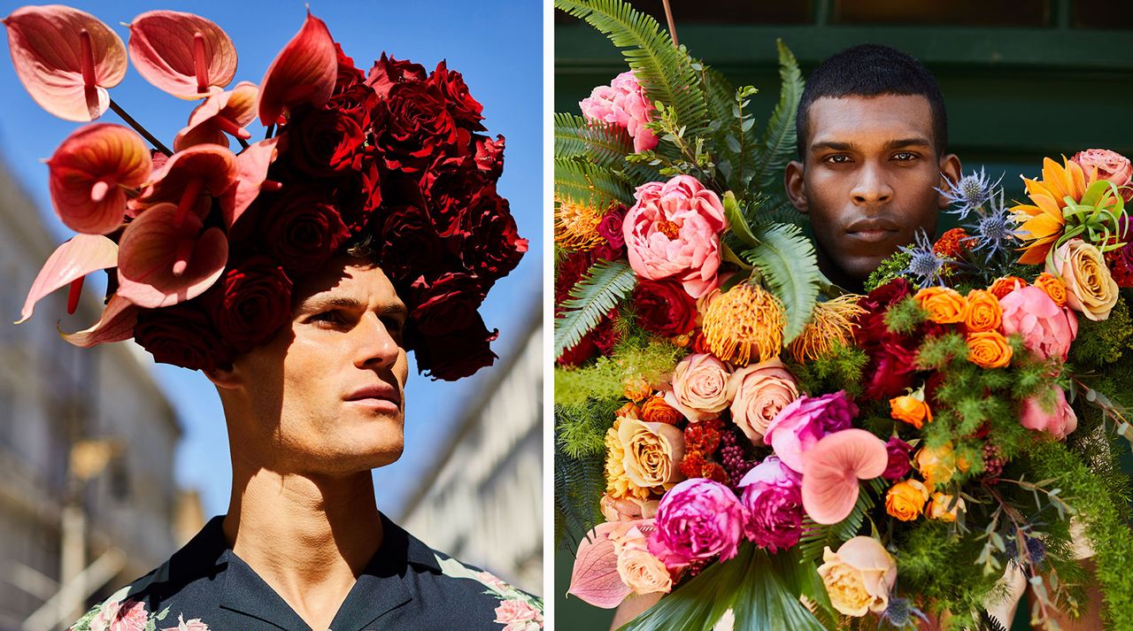 Men surrounded by flowers on their heads and chests