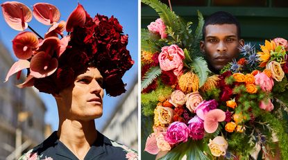 Men surrounded by flowers on their heads and chests