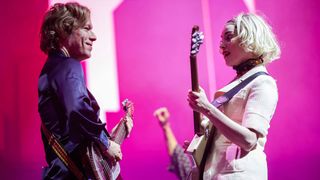 Jason Falkner is seen playing with Anne Erin Clark, known professionally as St. Vincent while performing on stage at the Primavera Sound in Porto.