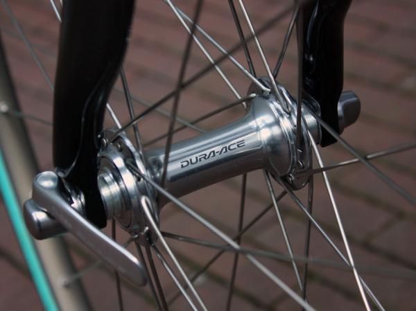 The front wheel is built around a previous-generation Shimano Dura-Ace hub.