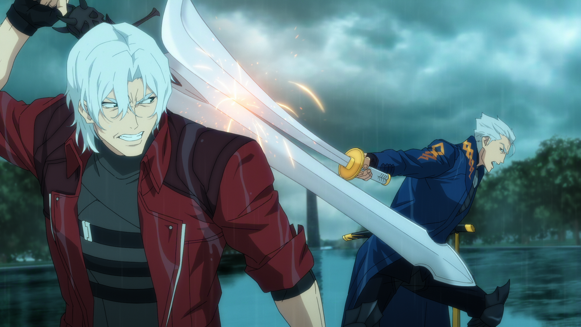 (L to R) Johnny Yong Bosch as Dante and Robbie Daymond as Vergil in Devil May Cry S2.