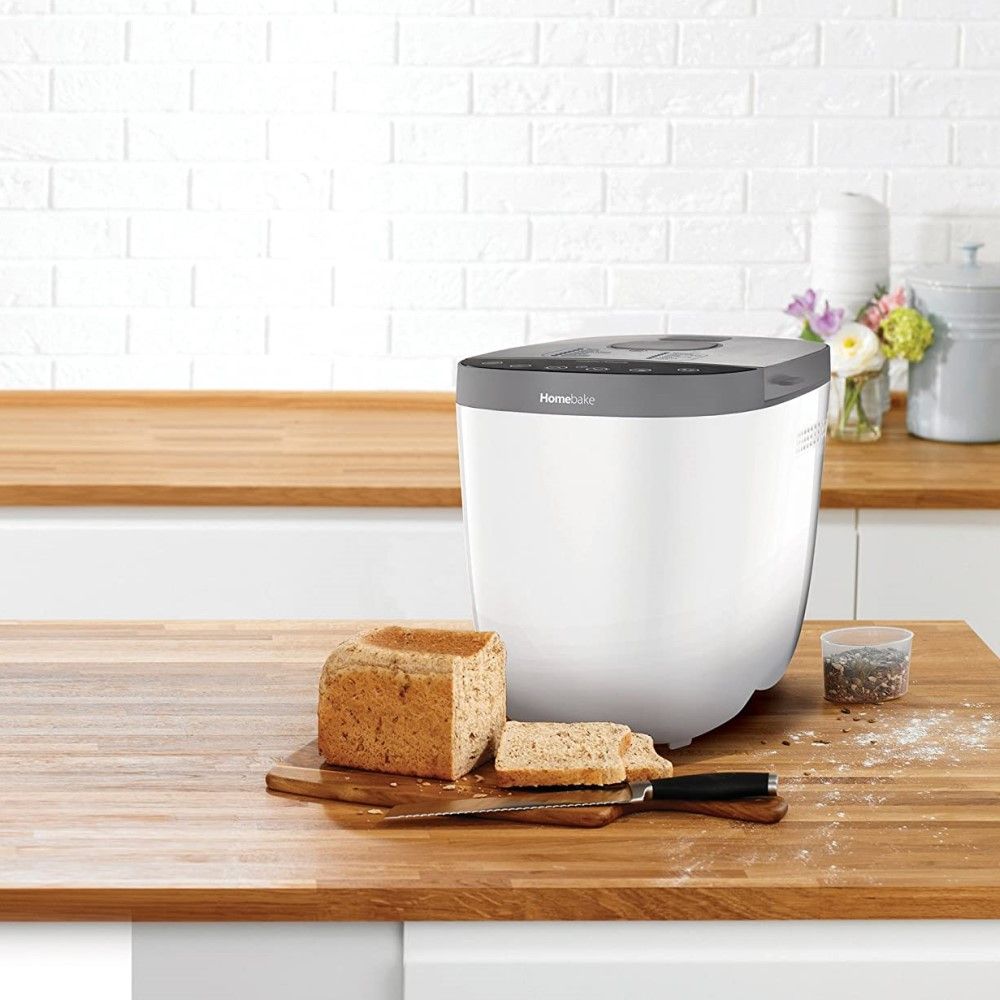 Morphy Richards Homebake Breadmaker on wooden kitchen island counter