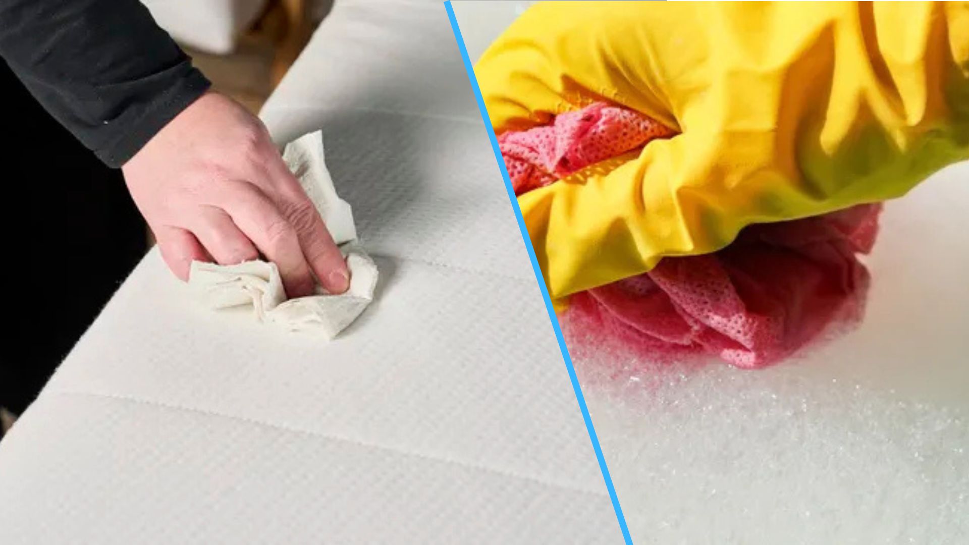 A split screen showing an image of a woman blotting a mattress with a soapy solution and an image of a gloved hand dipping a cloth in a bucket of soapy water. 