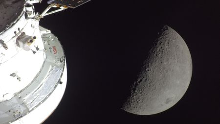 This image captured from the outside of Orion on the Artemis II spaceflight was captured with a GoPro Hero4 Black