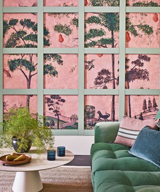 Mural wall with painted wooden panels over the top to create feature wall