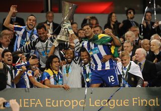 Porto players celebrate their Europa League final win over Braga in May 2011.