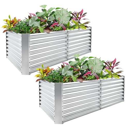 Land Guard 2 Pack 6&amp;times;3&amp;times;2 Ft Galvanized Metal Raised Garden Bed, 2ft Deep Root Elevated Planter Box Steel Large Vegetable Flower Bed Kit, Silver
