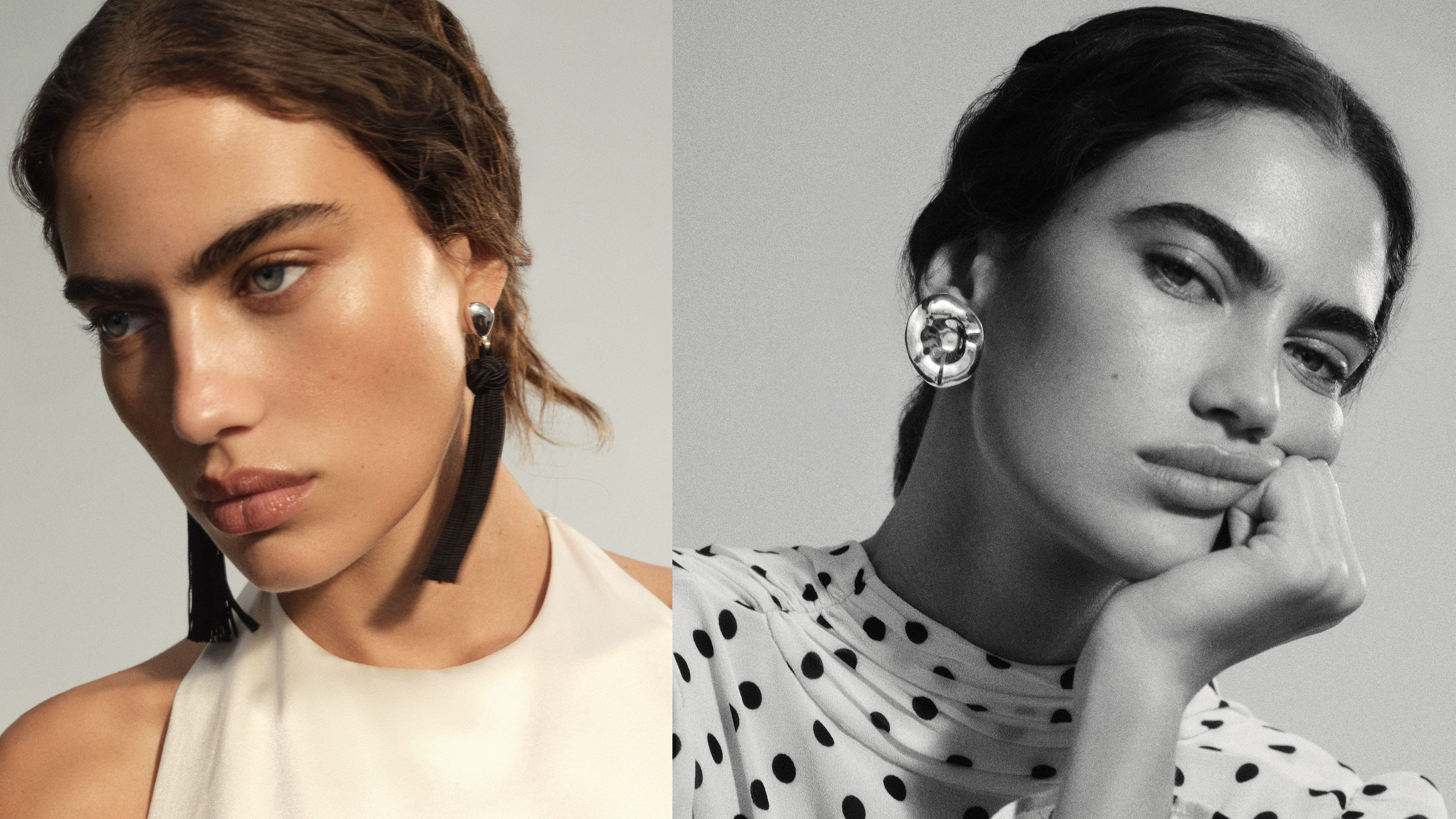 Two models wear Reformation earrings.