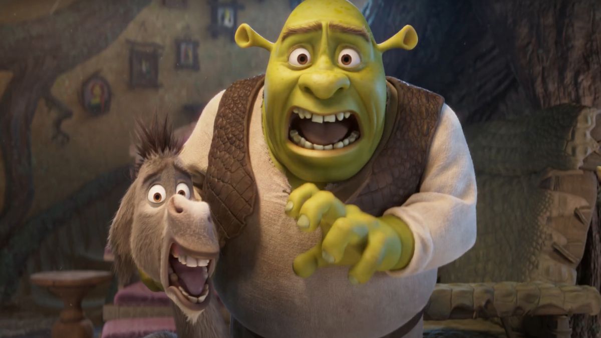 Shrek and Donkey scream in horror in the swamp in Shrek 5.