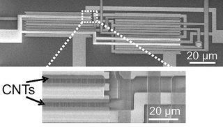 An electron microscope image showing carbon nanotube transistors (carbon nanotubes) arranged in an integrated logic circuit.
