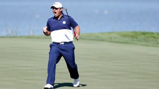 Patrick Reed celebrates after holing a putt during the 2016 Ryder Cup at Hazeltine