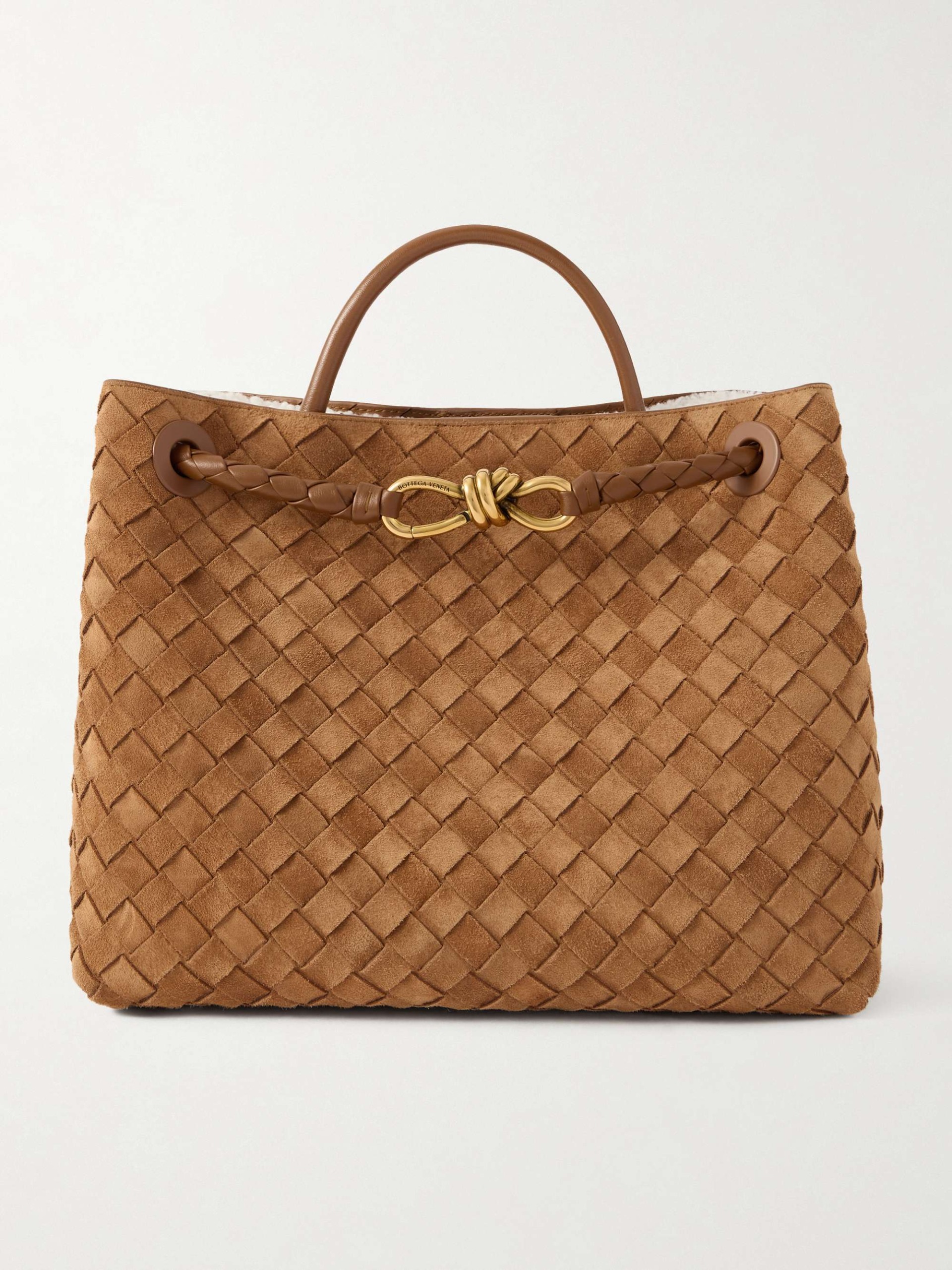 Andiamo Medium Shearling-Lined Leather-Trimmed Intrecciato Suede Tote