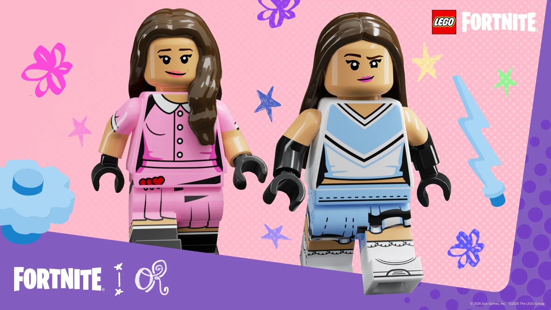 Two Lego minifigure versions of singer Olivia Rodrigo, one in a pink dress and one in a blue and white cheerleading outfit, are displayed against a pink background decorated with stars and flowers for a Fortnite collaboration.