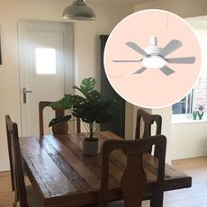 Cut out of the Amazon ceiling fan on a pink background, overlaid on a picture of my kitchen diner 