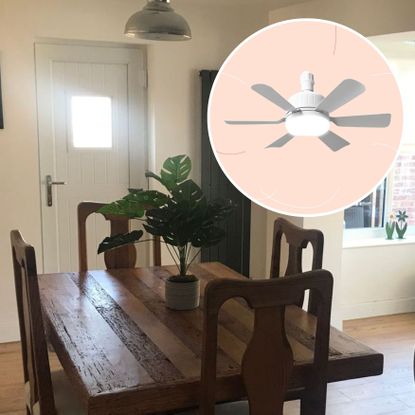 Cut out of the Amazon ceiling fan on a pink background, overlaid on a picture of my kitchen diner
