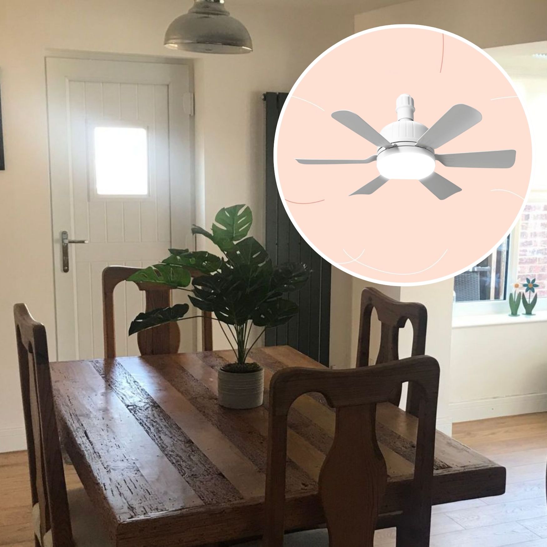 Cut out of the Amazon ceiling fan on a pink background, overlaid on a picture of my kitchen diner 