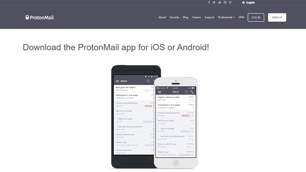 ProtonMail's smartphone app homepage