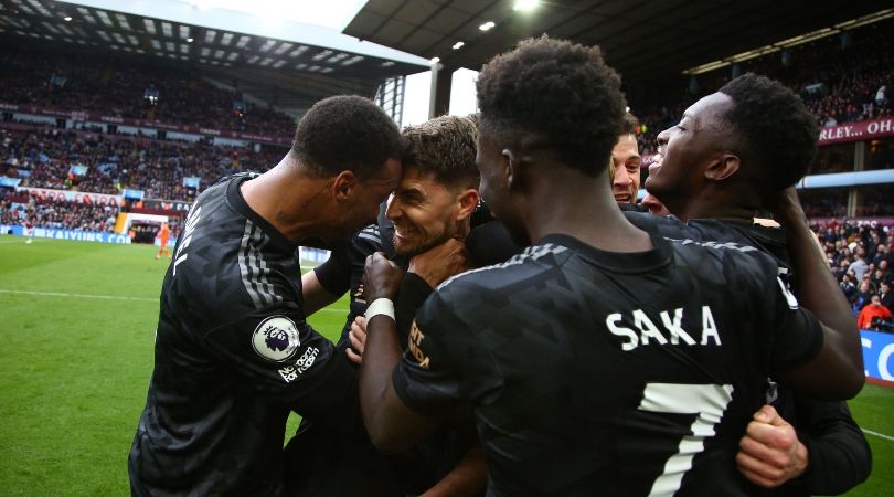 Arsenal players celebrate their last-gasp victory against Aston Villa in the Premier League in February 2023.